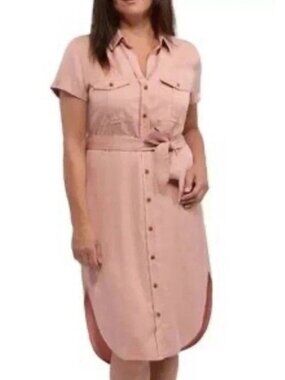 NWT Teddi Rose Women's S Midi Shirt Dress Coral Tencel  Short Sleeve Belted